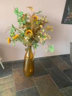 Bruine vaas met kunstboeket zonnebloemen, Huis en Inrichting, Woonaccessoires | Kunstplanten en Kunstbloemen, Ophalen, Gebruikt