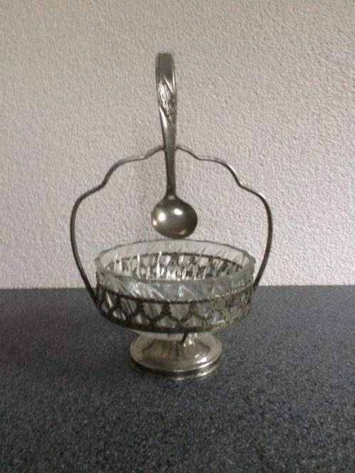 antieke glazen suikercoupe in houder met lepel, Antiek en Kunst, Antiek | Glas en Kristal, Ophalen of Verzenden