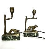 oude vintage set lampjes brons marmer marter en vos, Antiek en Kunst, Ophalen of Verzenden