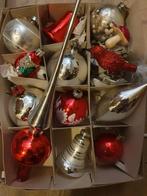 Vintage glazen kerstballen rood/zilveren met piek, Diversen, Kerst, Ophalen of Verzenden, Zo goed als nieuw