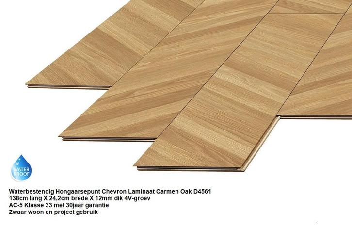 12mm dik Waterbestendig Hongaarsepunt laminaat Carmen Oak, Huis en Inrichting, Stoffering | Vloerbedekking, Nieuw, Laminaat, Bruin