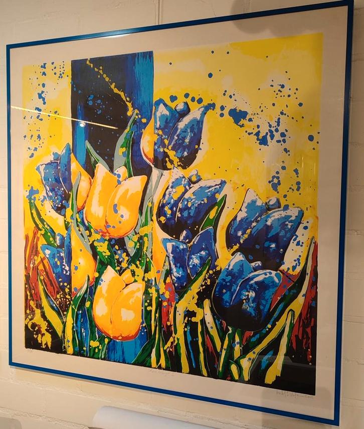 Roelof Hofman -Colour Delight-Zeefdruk, tulpen 90 cm x 90 cm, Antiek en Kunst, Kunst | Tekeningen en Foto's, Ophalen