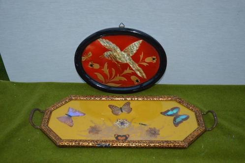 2 oude Oosterse dienbladen met vogels / vlinders parelmoer, Antiek en Kunst, Curiosa en Brocante, Ophalen of Verzenden