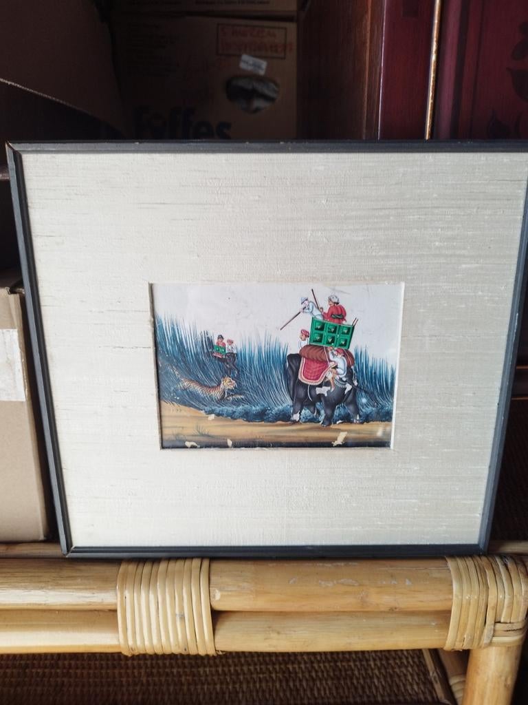 Antiek schilderijtje " de Sumatra tijger jacht" 19e eeuws, Ophalen of Verzenden, Minder dan 50 cm, Schilderij, Minder dan 50 cm