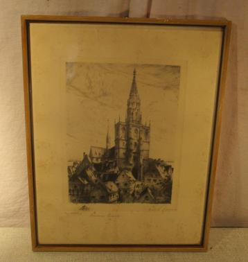Mooie Oude Ets 'Stad met Kathedraal' - gesigneerd beschikbaar voor biedingen