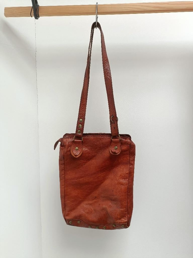 Fijne soepele cognac leren schoudertas La Palmerie, Overige merken, Gebruikt, Bruin, Ophalen of Verzenden