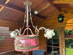 Prachtige antieke bronzen hanglamp met zijden oud roze korf, Ophalen, Zo goed als nieuw, Metaal, 75 cm of meer