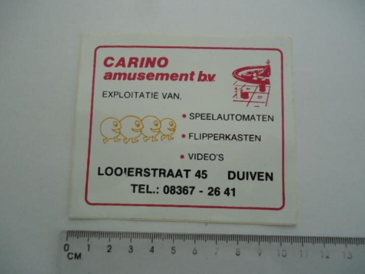sticker oud Duiven Carino amusement bv flipperkast video, Verzamelen, Stickers, Zo goed als nieuw, Bedrijf of Vereniging, Verzenden