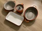 Vintage rood -oranje gevlamde emaille keukenset, Huis en Inrichting, Keuken | Tupperware, Ophalen of Verzenden, Zo goed als nieuw
