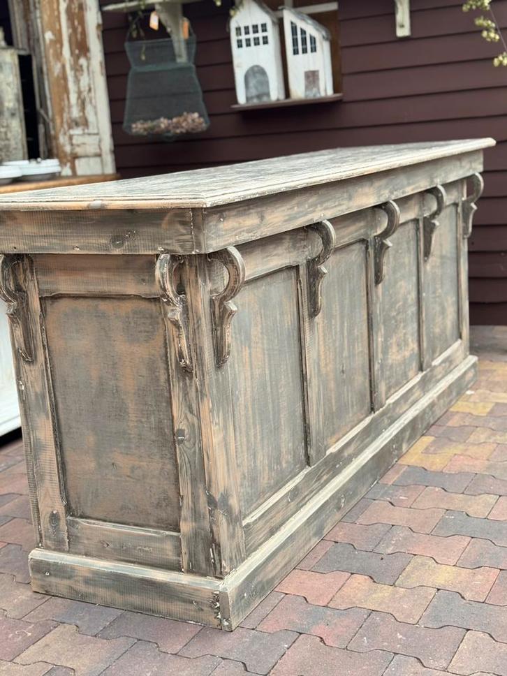 Toonbank, grijs/blauw, zacht wit, ornamenten, vakken, lades, Antiek en Kunst, Curiosa en Brocante, Ophalen