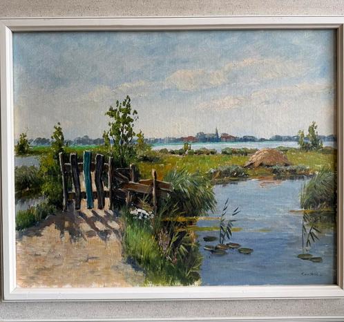 Gezicht op een plas., Antiek en Kunst, Kunst | Schilderijen | Klassiek, Ophalen of Verzenden