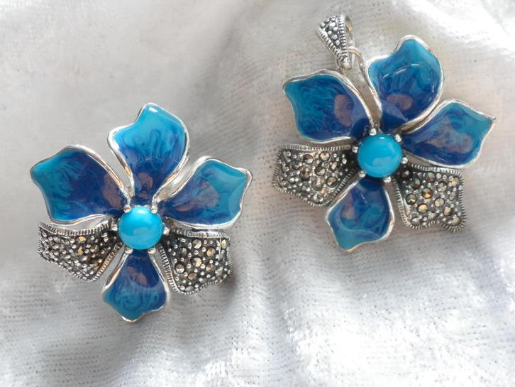 Prachtige Zilveren Set met Turkois en ge emailleerde blad, Sieraden, Tassen en Uiterlijk, Antieke sieraden, Ring, Zilver, Verzenden