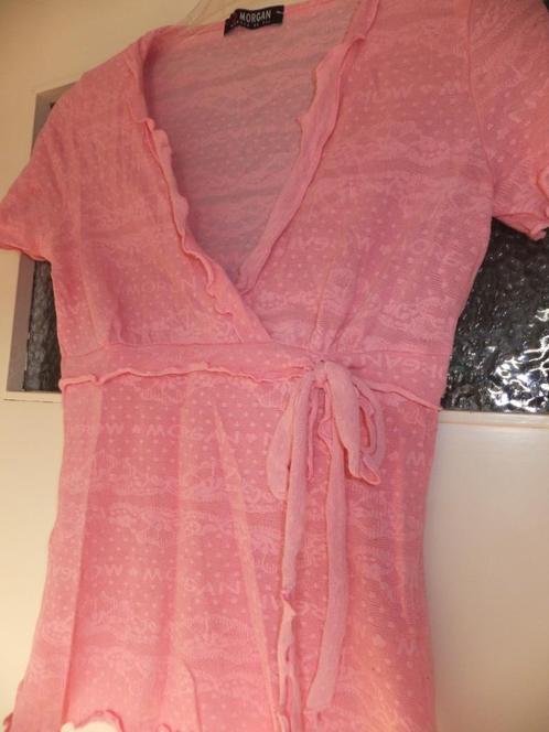 Nette en mooie zacht roze top met ruches van Morgan 36 S., Kleding | Dames, Tops, Gedragen, Maat 36 (S), Roze, Korte mouw, Verzenden