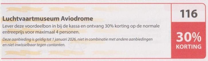 Luchtvaartmuseum Aviodrome, Lelystad 30% korting. Bon 116., Tickets en Kaartjes, Musea, Drie personen of meer, Kortingskaart