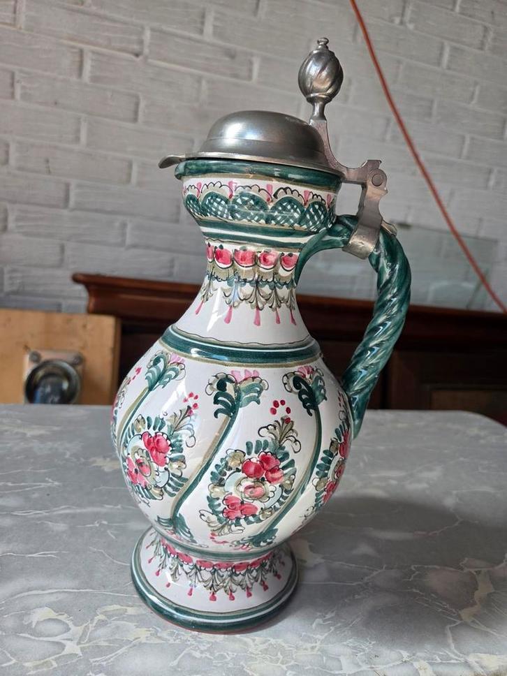 Vintage Bierpul met Tinnen Deksel, Keck, Töpferei Keck kruik, Antiek en Kunst, Antiek | Keramiek en Aardewerk, Ophalen