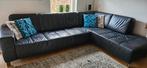 Mooie grote zwart leren hoekbank, Huis en Inrichting, Ophalen, Zo goed als nieuw, Leer