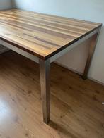 Mixed hard wood houten eettafel met rvs onderstel, Huis en Inrichting, Tafels | Eettafels, Ophalen, Gebruikt, 50 tot 100 cm, Vijf personen of meer