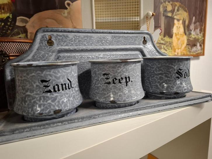4 pannen melkkannetje zand zeep soda grijs gewolkt, Antiek en Kunst, Antiek | Emaille, Ophalen of Verzenden
