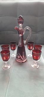 Kristallen Karaf met 6 Glazen - Rode Kleur, Antiek en Kunst, Ophalen of Verzenden