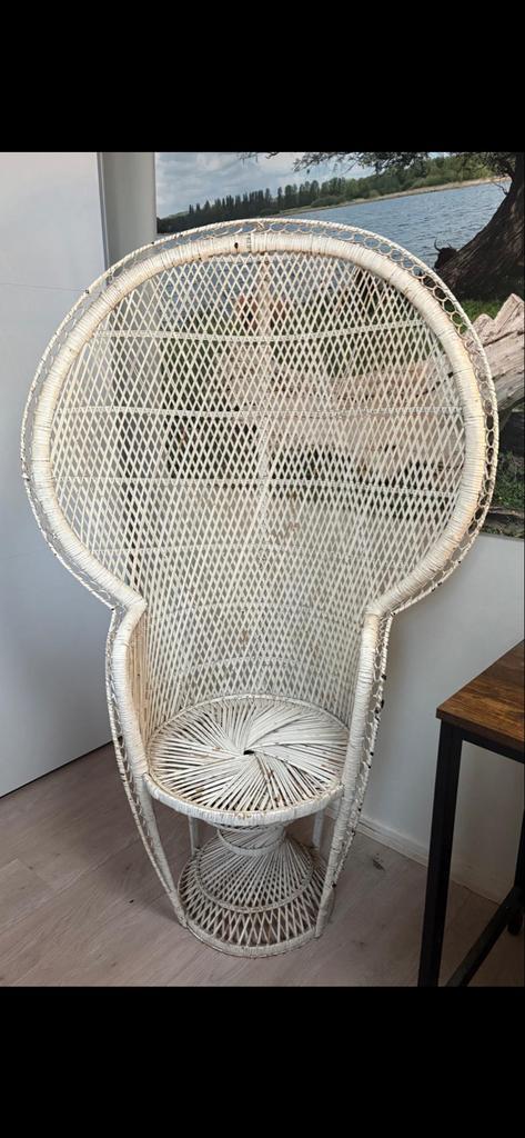 Rotan Koningsstoel - Eyecatcher! In goede staat, Huis en Inrichting, Stoelen, Gebruikt, Eén, Riet of Rotan, Wit, Ophalen of Verzenden