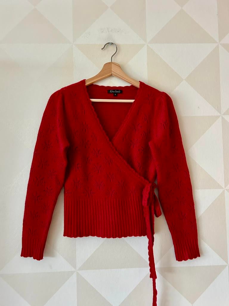 King Louie Wrap vest vestje rood angora wol ajour S/36 zgan, Ophalen of Verzenden, Zo goed als nieuw, Maat 36 (S), Rood
