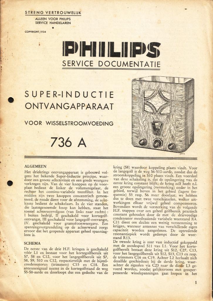 Philips Radio Service Documentatie voor buizenradio 736A, Audio, Tv en Foto, Radio's, Gebruikt, Radio, Ophalen of Verzenden
