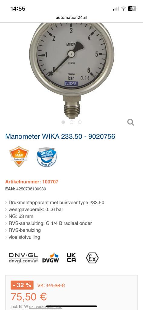 (1x)Wika manometer 0-6bar RVS(new), Ophalen of Verzenden, Nieuw