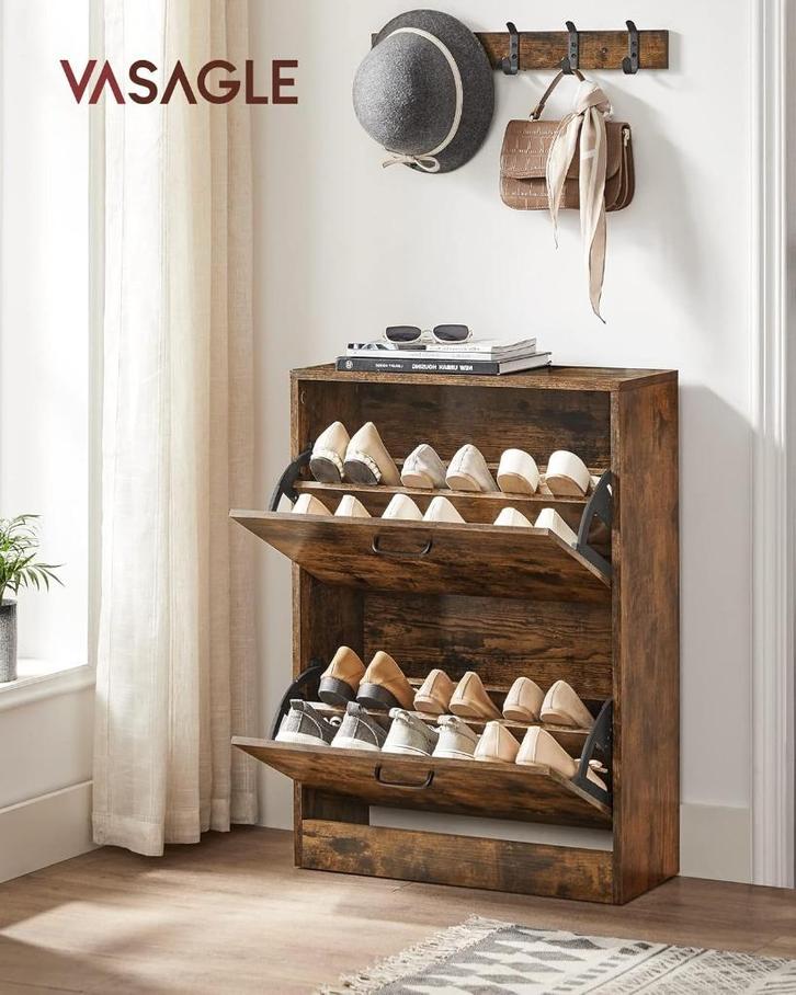 Schoenenkast met 2 kleppen-60 X 24 X 83.5-Rustic Brown, Huis en Inrichting, Kasten | Schoenenkasten, Nieuw, Ophalen