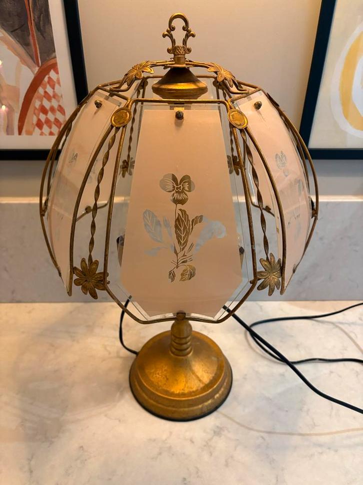 Vintage Tafellamp met Bloemmotief, Huis en Inrichting, Lampen | Vloerlampen, Gebruikt, Minder dan 100 cm, Glas, Ophalen of Verzenden