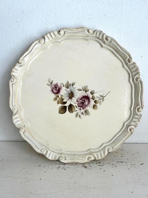Klein brocant rond dienblad creme met bloemen, Huis en Inrichting, Woonaccessoires | Dienbladen, Metaal, Rond, Ophalen