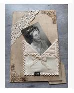 Brocante bewaarmap foto’s, staand, kant, stof, 30 x 20 cm, Ophalen of Verzenden