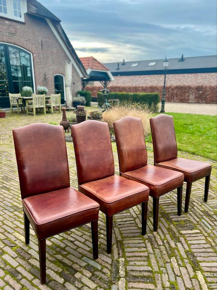 4 Schapenleren Eetkamerstoelen, Huis en Inrichting, Stoelen, Gebruikt, Vier, Leer, Bruin, Ophalen