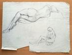 A493-54 Oude tekening Vrouw die kous optrekt - naakte vrouw, Ophalen of Verzenden