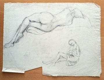 A493-54 Oude tekening Vrouw die kous optrekt - naakte vrouw beschikbaar voor biedingen
