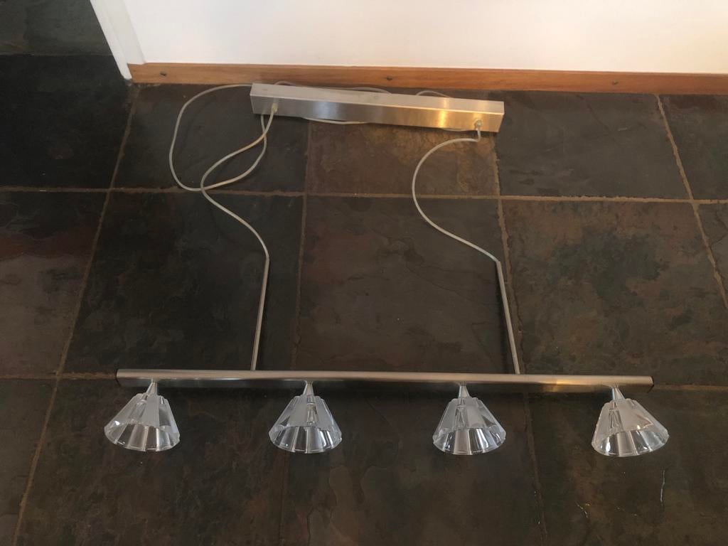 RVS eettafellamp met glazen kelkjes, Huis en Inrichting, Lampen | Hanglampen, Gebruikt, 75 cm of meer, Glas, Metaal, Ophalen