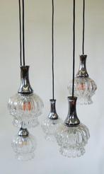 vintage cascade hanglamp chroom glas, vijf lichtpunten, Gebruikt, Vintage, Ophalen of Verzenden, Glas