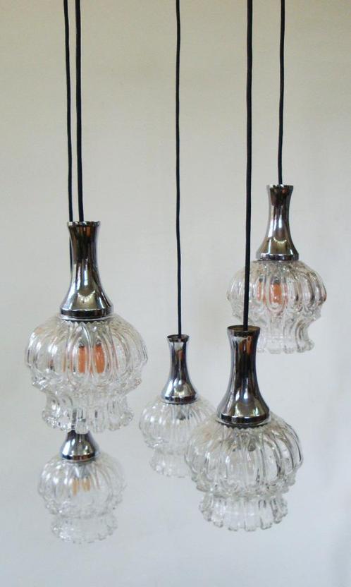 vintage cascade hanglamp chroom glas, vijf lichtpunten, Huis en Inrichting, Lampen | Hanglampen, Gebruikt, 75 cm of meer, Glas