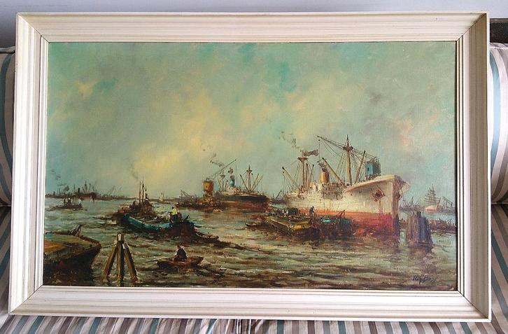 Drukte in Rotterdamse haven - Wim Bos (1906-1974), Antiek en Kunst, Kunst | Schilderijen | Klassiek, Ophalen