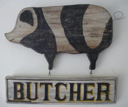Vintage houten reclame bord/Butcher/slagerij/varken/antiek, Verzamelen, Merken en Reclamevoorwerpen, Zo goed als nieuw, Reclamebord