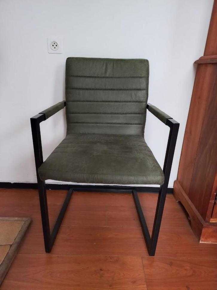 Groene eetkamerstoelen, Huis en Inrichting, Stoelen, Gebruikt, Drie, Metaal, Stof, Overige kleuren, Ophalen
