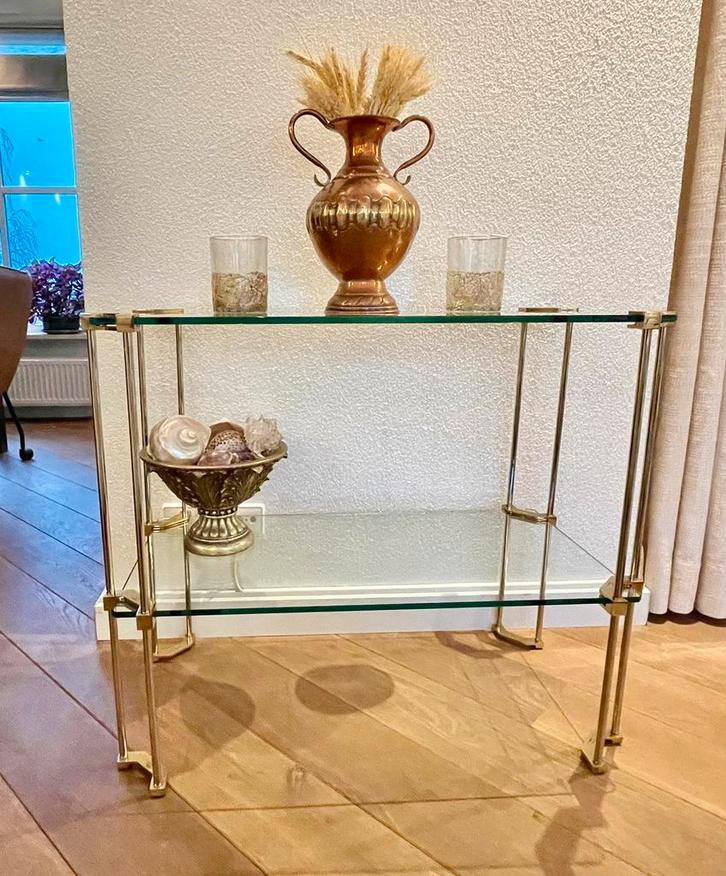 Messing glazen tafel Peter Ghyzcy Hollywood Regency stijl, Huis en Inrichting, Tafels | Sidetables, Zo goed als nieuw, 25 tot 50 cm