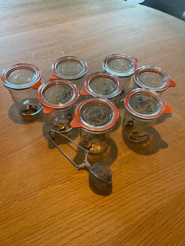 8 Kleine Weckpotjes + Thee-ei, Huis en Inrichting, Keuken | Keukenbenodigdheden, Zo goed als nieuw, Ophalen of Verzenden