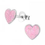 Zilveren hartjes oorbellen knopjes roze met glitters, Nieuw, Knopjes of Stekers, Roze, Zilver