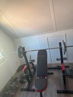 Halterbank en halterstandaards met gewichten, Sport en Fitness, Ophalen, Zo goed als nieuw, Fitnessbank