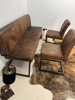 Robuuste Eetbank leer 180cm en 2 leren stoelen, Huis en Inrichting, Barkrukken, Ophalen of Verzenden, Zo goed als nieuw, Leer