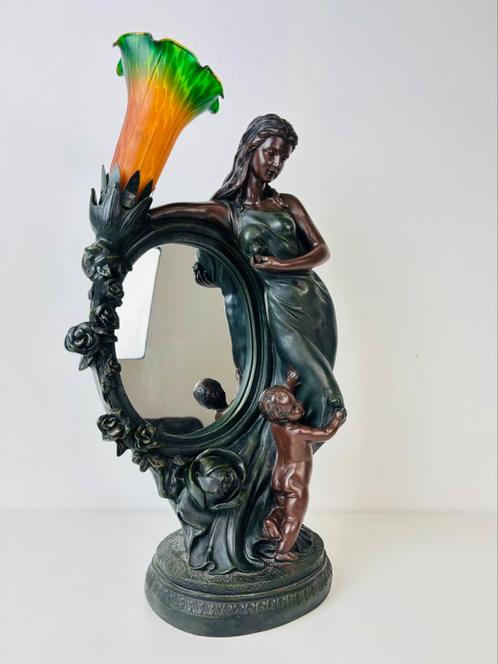 Franse Art nouveau Rose tafellamp met spiegel, Huis en Inrichting, Lampen | Tafellampen, Minder dan 50 cm, Ophalen of Verzenden