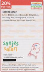 Sanjes Safari. Veenwouden. 20% korting. Postcodeloterij bon., Drie personen of meer, Kortingskaart