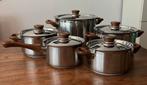 BK Pannenset (5) met deksel rvs met bruine ‘ houten ‘ grepen, Huis en Inrichting, Keuken | Potten en Pannen, Ophalen of Verzenden