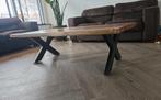 Eikenhouten salon tafel met stalen onderstel 140x70cm, Gebruikt, 100 tot 150 cm, Industrieel, Rechthoekig