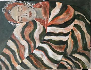 Schilderij Vrouw in gestreepte kimono beschikbaar voor biedingen